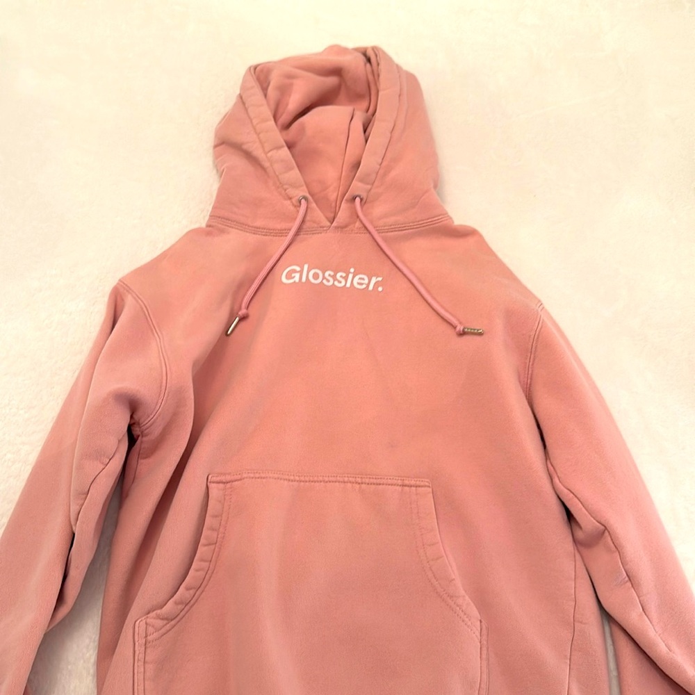 GLOSSIER pink hoodie size xs but also can fit small
